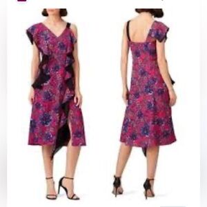 PRABAL GURUNC collection Floral Pink multi color Ruffle midi Dress size 6